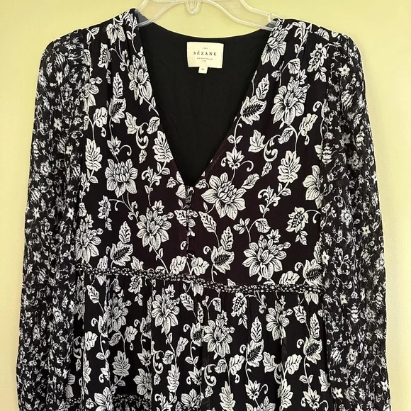Sézane Dress Noreen Floral Tiered Cottagecore Maxi Dress Black White 34 - Picture 5 of 12